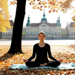 **Prompt:** A woman meditating in a serene park in Warsaw, Poland, with the Royal Castle visible in the distance. Sunlight filters through the trees, highlighting her peaceful expression. She is surrounded by autumn leaves. The style is soft and calming, using pastel colors.