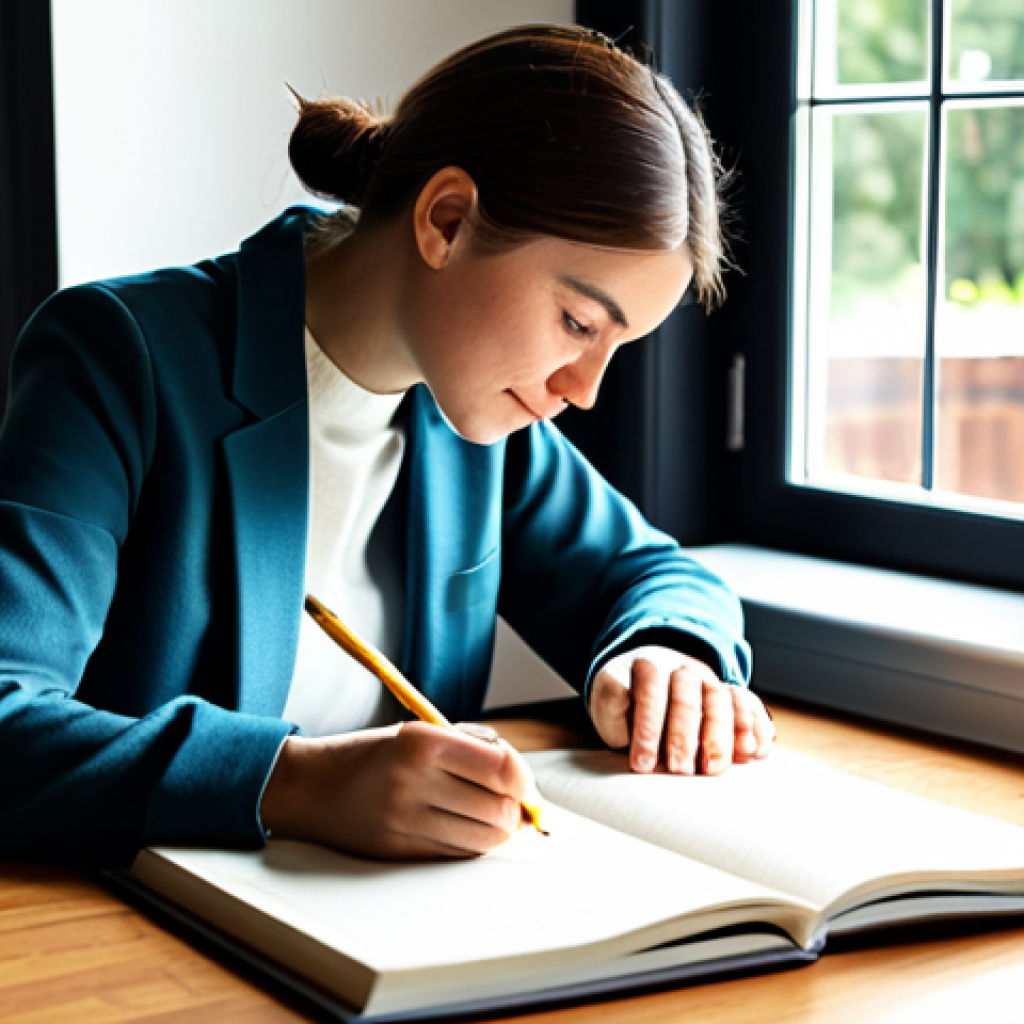 A professional individual, fully clothed in modest, comfortable attire, calmly writing in a journal at a neat, wooden desk. The setting is a bright, serene home office with soft natural light streaming through a window, a potted plant on the desk, and a bookshelf filled with books in the background. The person has perfect anatomy, correct proportions, and a natural pose, with well-formed hands holding a pen. The overall atmosphere is peaceful and conducive to self-reflection. professional photography, high quality, safe for work, appropriate content, family-friendly.