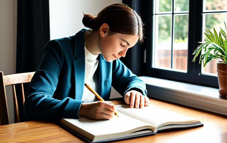 A professional individual, fully clothed in modest, comfortable attire, calmly writing in a journal at a neat, wooden desk. The setting is a bright, serene home office with soft natural light streaming through a window, a potted plant on the desk, and a bookshelf filled with books in the background. The person has perfect anatomy, correct proportions, and a natural pose, with well-formed hands holding a pen. The overall atmosphere is peaceful and conducive to self-reflection. professional photography, high quality, safe for work, appropriate content, family-friendly.
