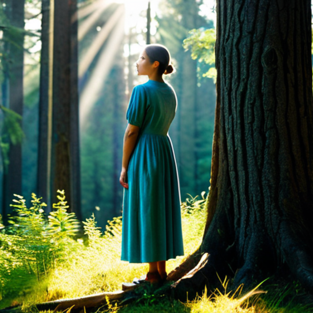 자서전적 치료법을 통한 자기 수용 - **Solitude and Self-Discovery:** A woman in a modest, comfortable dress, stands at the edge of a vas...
