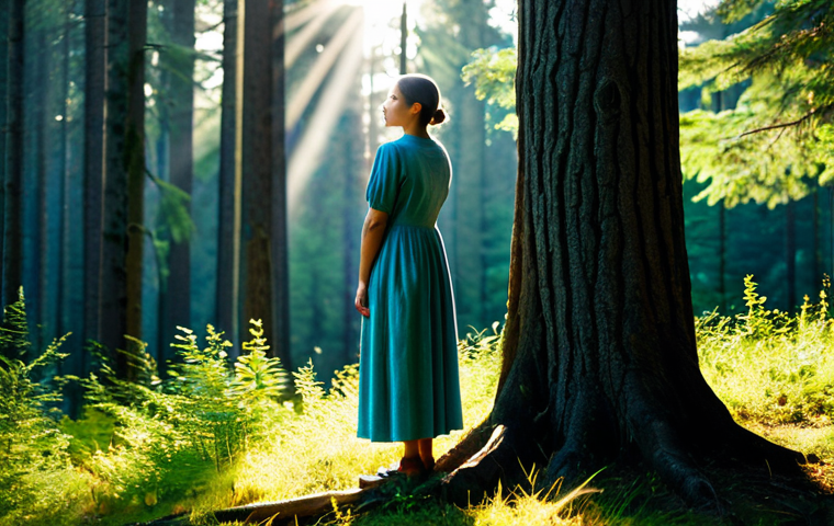 자서전적 치료법을 통한 자기 수용 - **Solitude and Self-Discovery:** A woman in a modest, comfortable dress, stands at the edge of a vas...