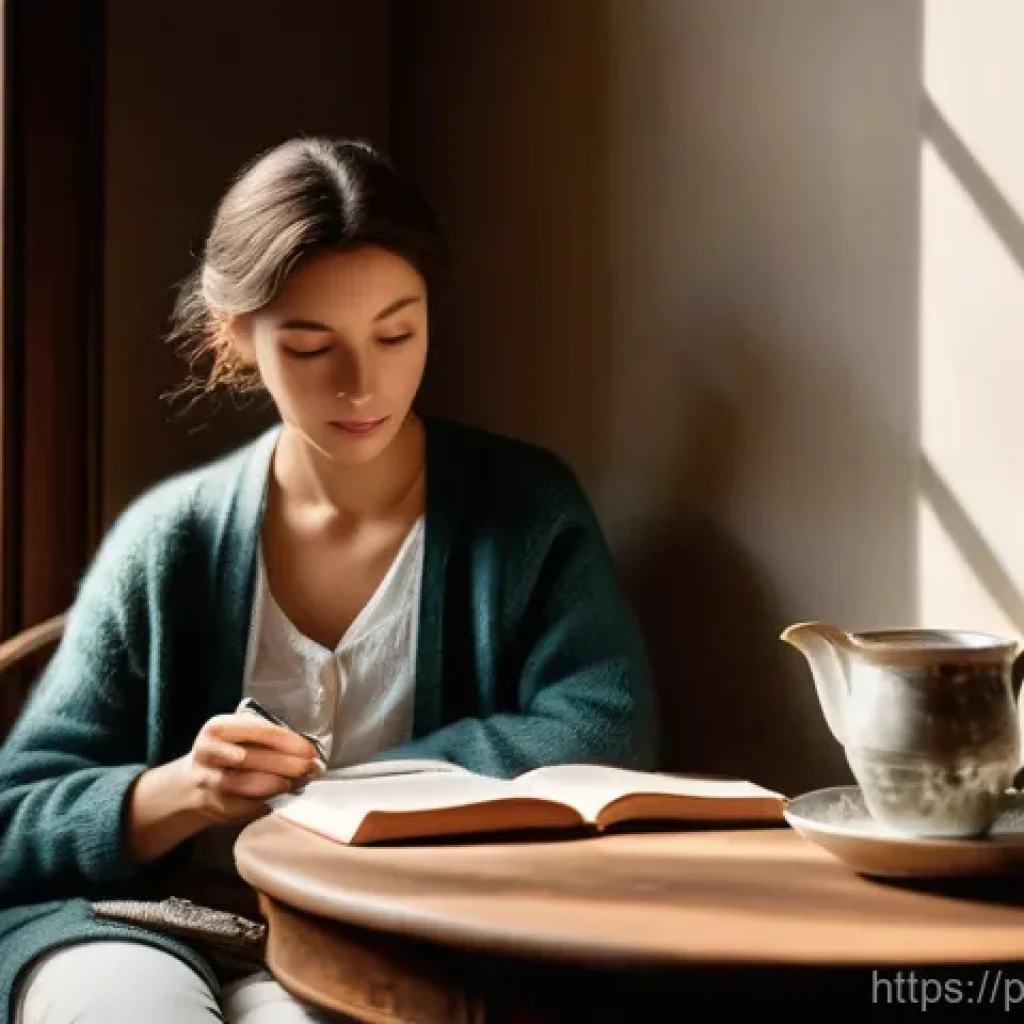 자서전적 치료법과 감정 표현의 관계 - **Prompt 1: Reflective Journaling in a Cozy Nook**
"A cozy, sunlit interior scene. A person of a...