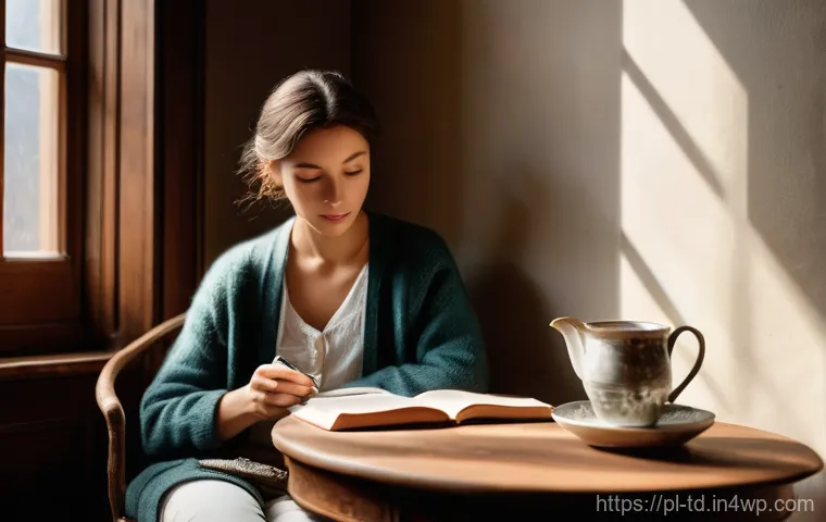 자서전적 치료법과 감정 표현의 관계 - **Prompt 1: Reflective Journaling in a Cozy Nook**
"A cozy, sunlit interior scene. A person of a...