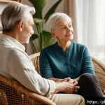 Home 19 자서전적 치료법과 회복의 심리적 메커니즘 - A serene therapy room scene showing a middle-aged Polish man sitting comfortably in a cozy armchair,...