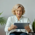 Home 23 자서전적 치료법의 패러다임 변화 - A modern therapy session room with a middle-aged Polish woman sitting comfortably, using a tablet ap...