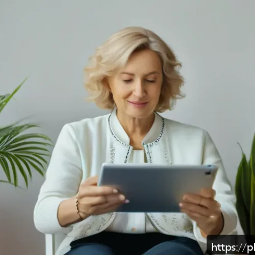 Home 17 자서전적 치료법의 패러다임 변화 - A modern therapy session room with a middle-aged Polish woman sitting comfortably, using a tablet ap...