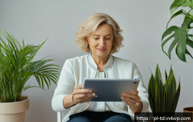 자서전적 치료법의 패러다임 변화 - A modern therapy session room with a middle-aged Polish woman sitting comfortably, using a tablet ap...